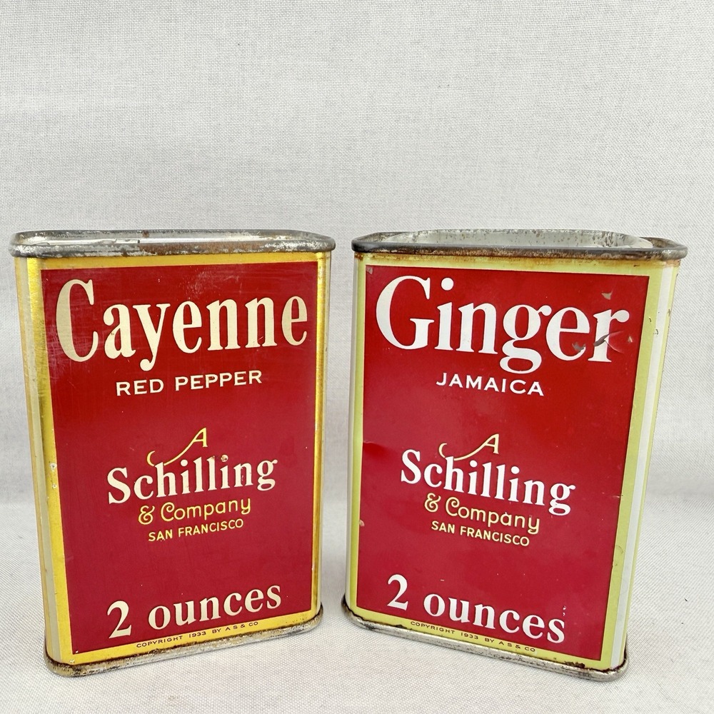 Vintage Spice Tins 1933 Cayenne & Ginger A. Schilling & Co. San Francisco 2 oz
